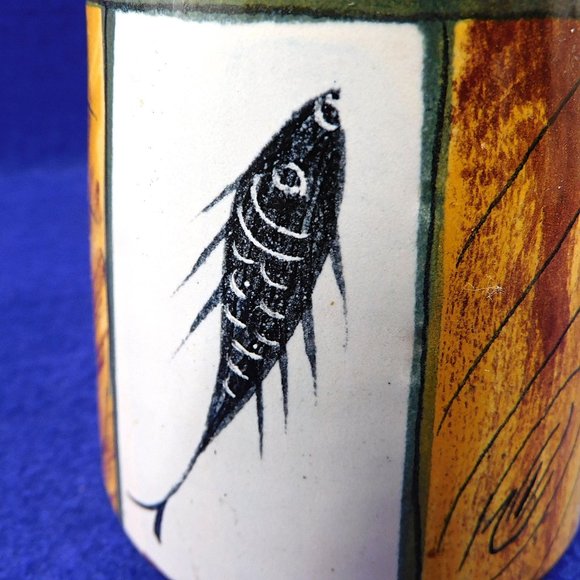 Vintage Fish Fossil Blue Vase Italy Signed Mid Century Modern 9.5" - Picture 4 of 12